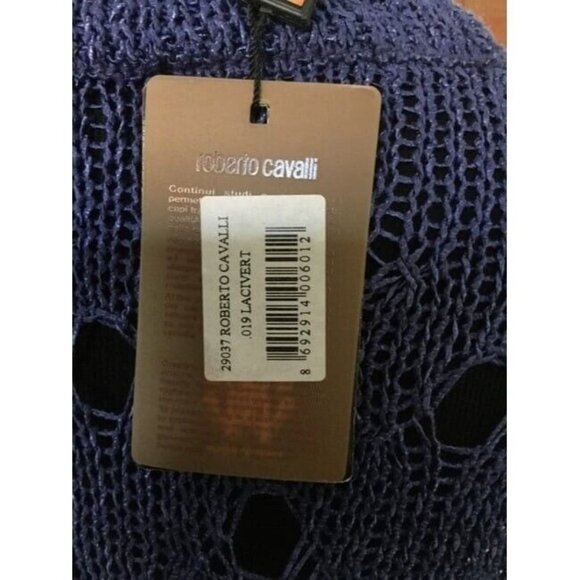 Roberto Cavalli VTG Sweater Designer Open Knit Embellished Sweater Navy Sz M NEW - Picture 6 of 8